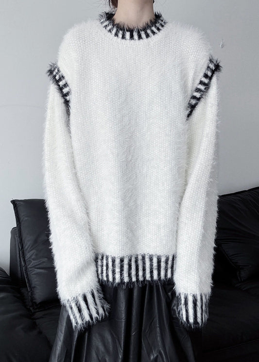 White Striped Mink Hair Knitted Pullover Oversized Winter