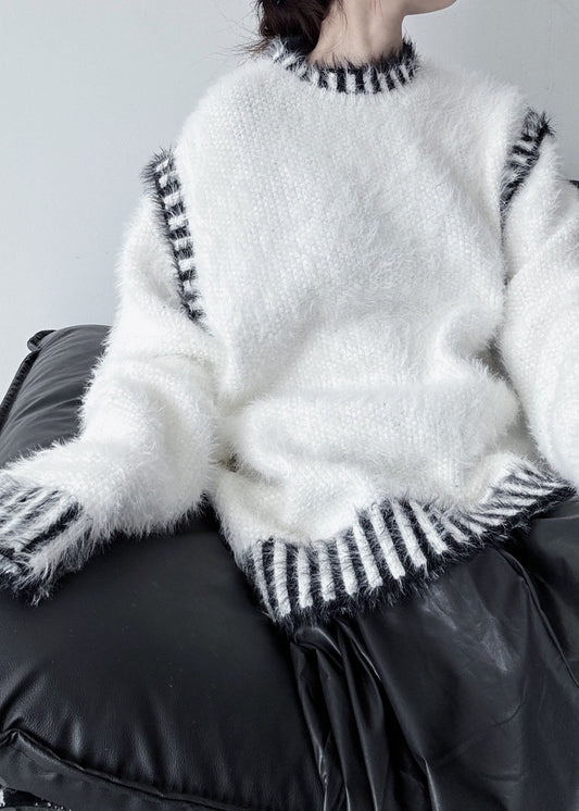 White Striped Mink Hair Knitted Pullover Oversized Winter