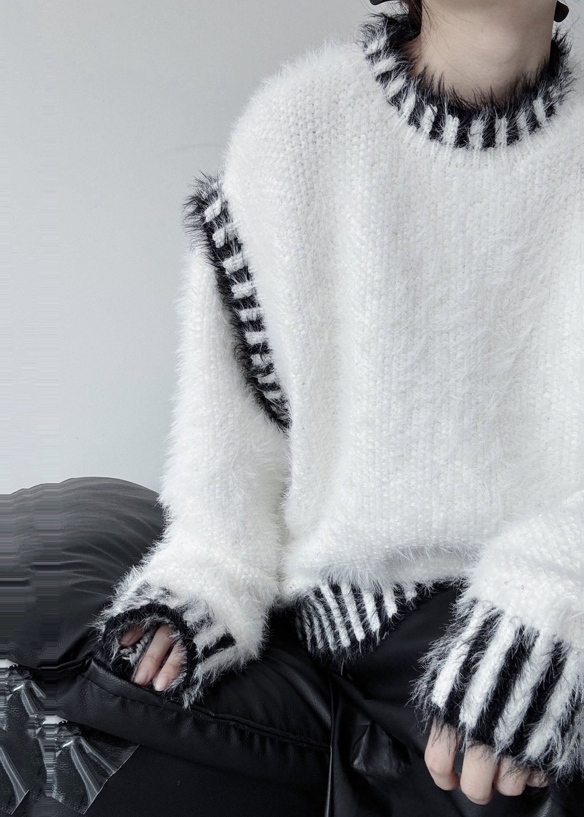 White Striped Mink Hair Knitted Pullover Oversized Winter