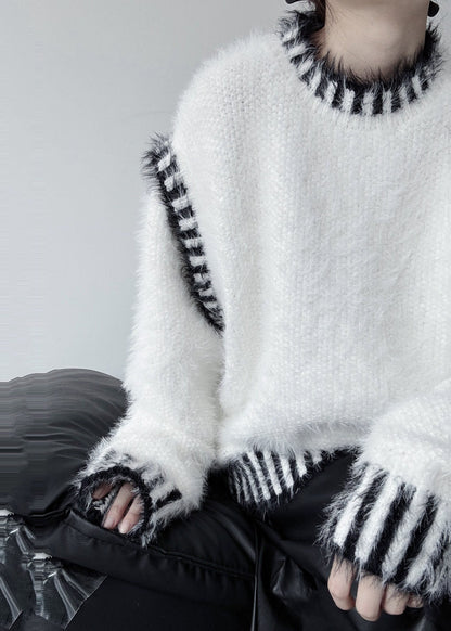 White Striped Mink Hair Knitted Pullover Oversized Winter