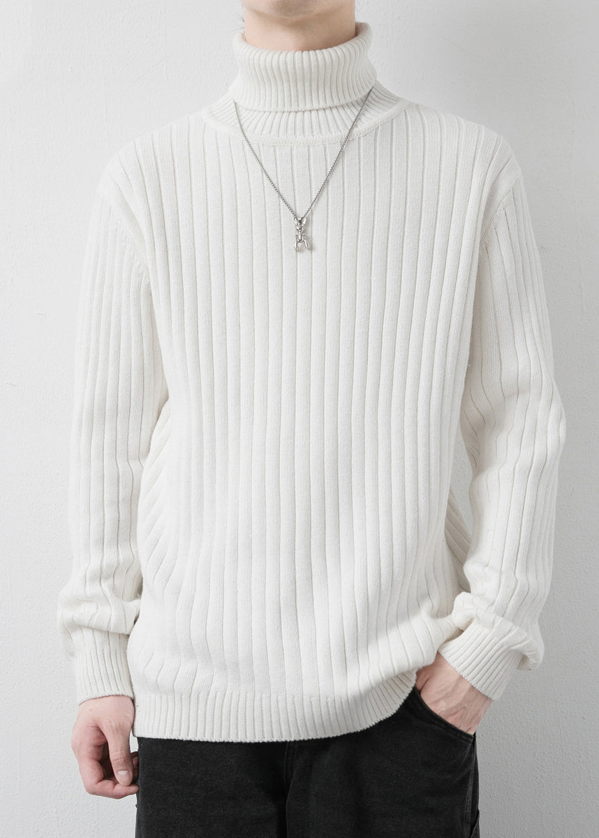 White Striped Solid Knit Winter Mens Sweaters Turtleneck