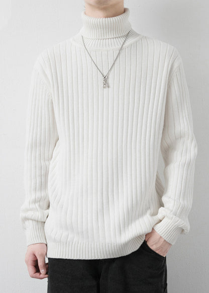 White Striped Solid Knit Winter Mens Sweaters Turtleneck