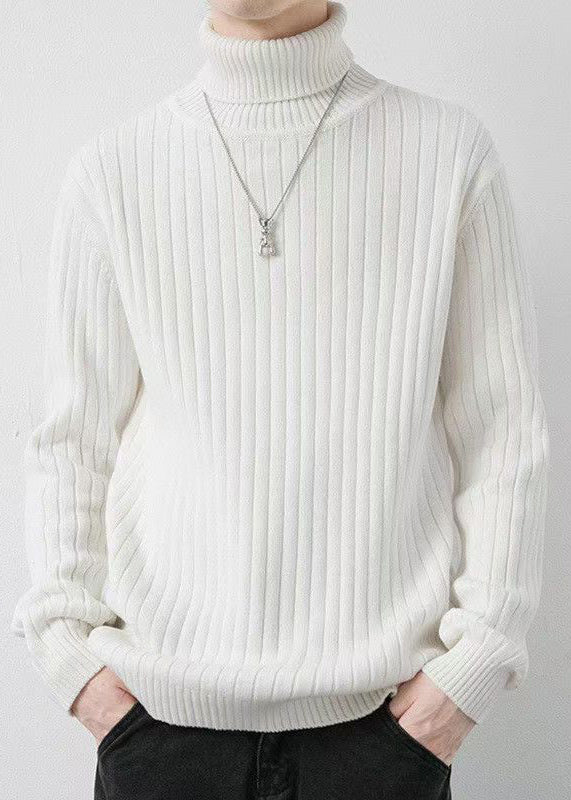 White Striped Solid Knit Winter Mens Sweaters Turtleneck