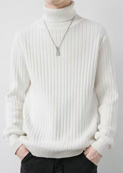 White Striped Solid Knit Winter Mens Sweaters Turtleneck