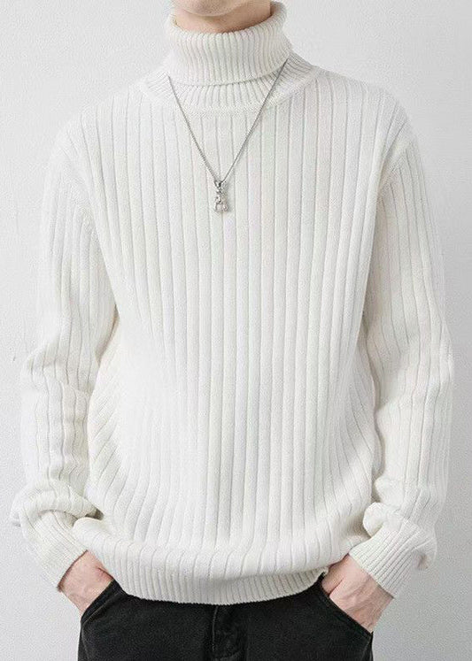 White Striped Solid Knit Winter Mens Sweaters Turtleneck