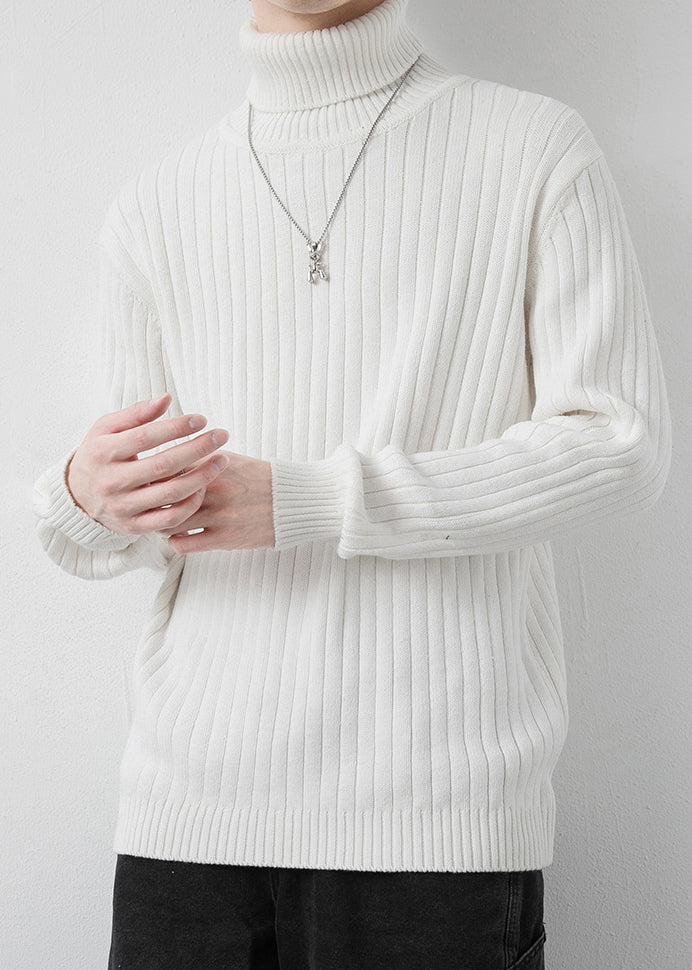 White Striped Solid Knit Winter Mens Sweaters Turtleneck