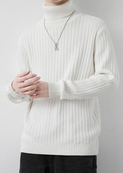 White Striped Solid Knit Winter Mens Sweaters Turtleneck