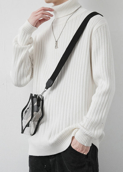 White Striped Solid Knit Winter Mens Sweaters Turtleneck
