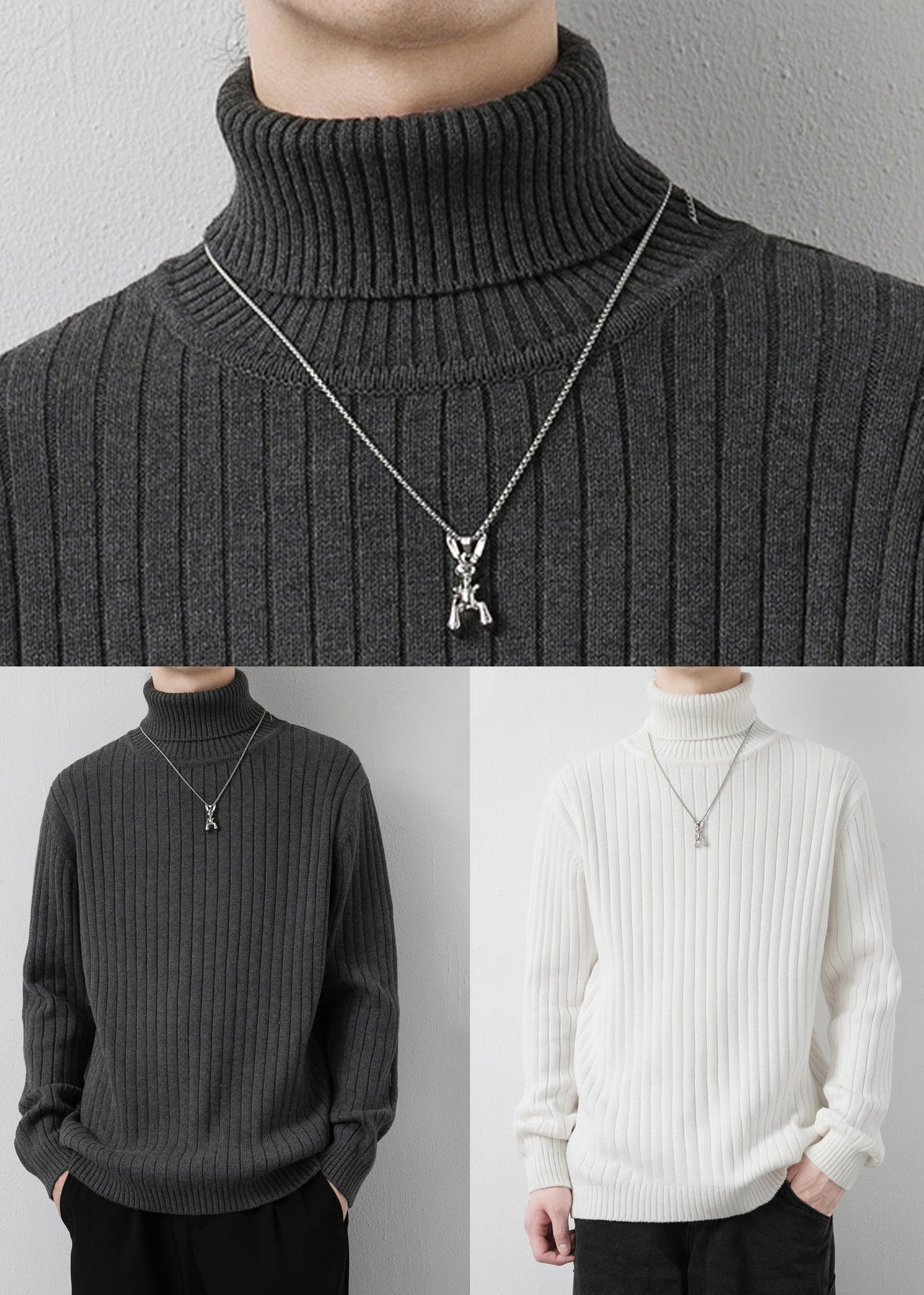 White Striped Solid Knit Winter Mens Sweaters Turtleneck