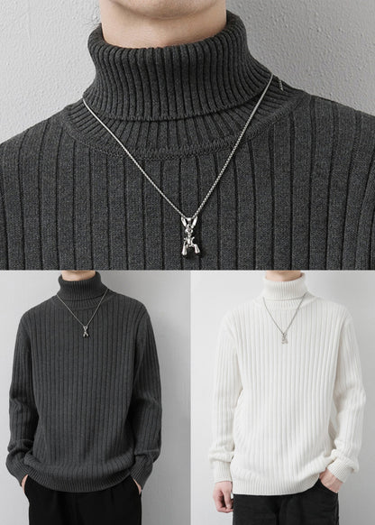 White Striped Solid Knit Winter Mens Sweaters Turtleneck
