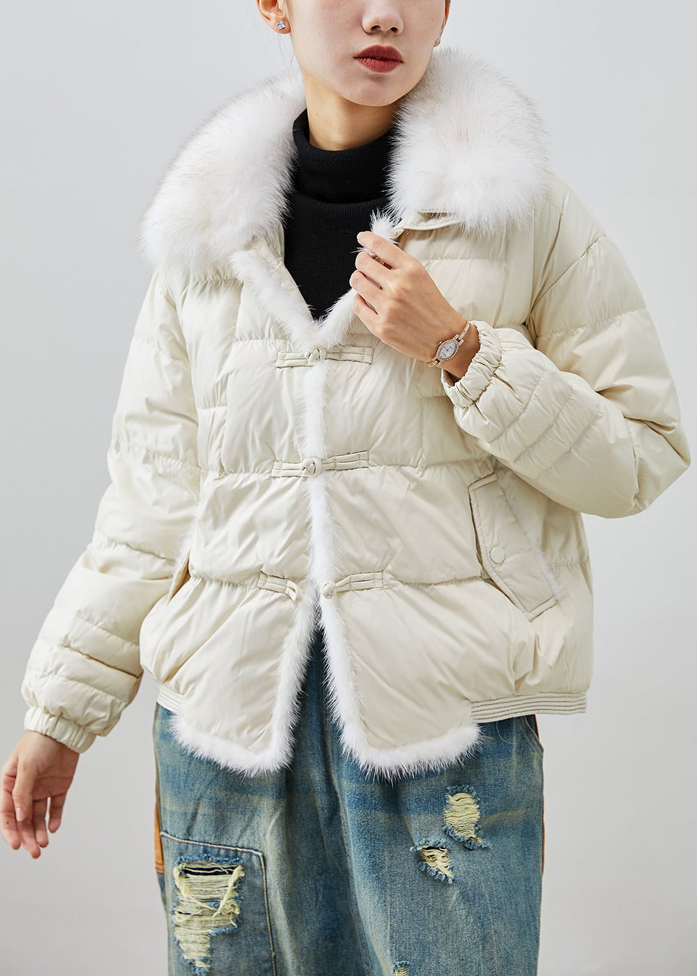 White Thick Duck Down Down Coat Oversized Fox Collar Chinese Button Winter