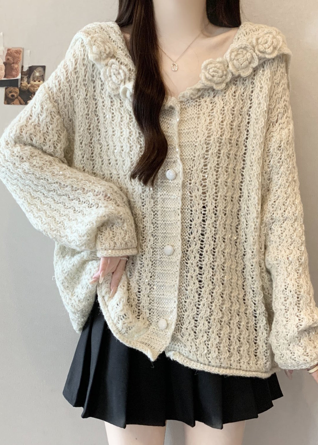 White Three-dimensional Floral Knit Cardigan Oversized Fall