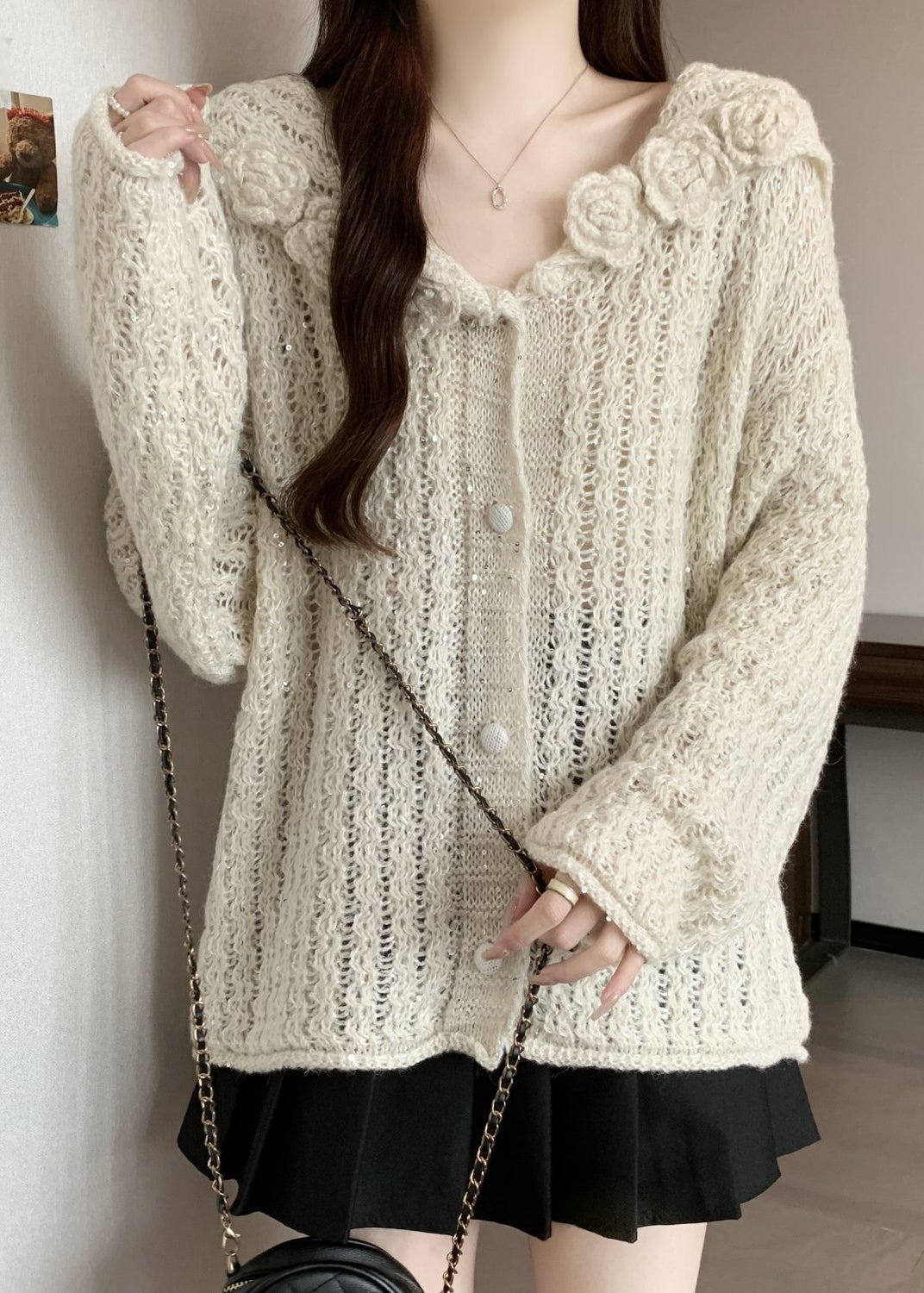 White Three-dimensional Floral Knit Cardigan Oversized Fall