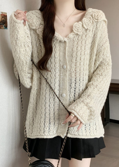 White Three-dimensional Floral Knit Cardigan Oversized Fall