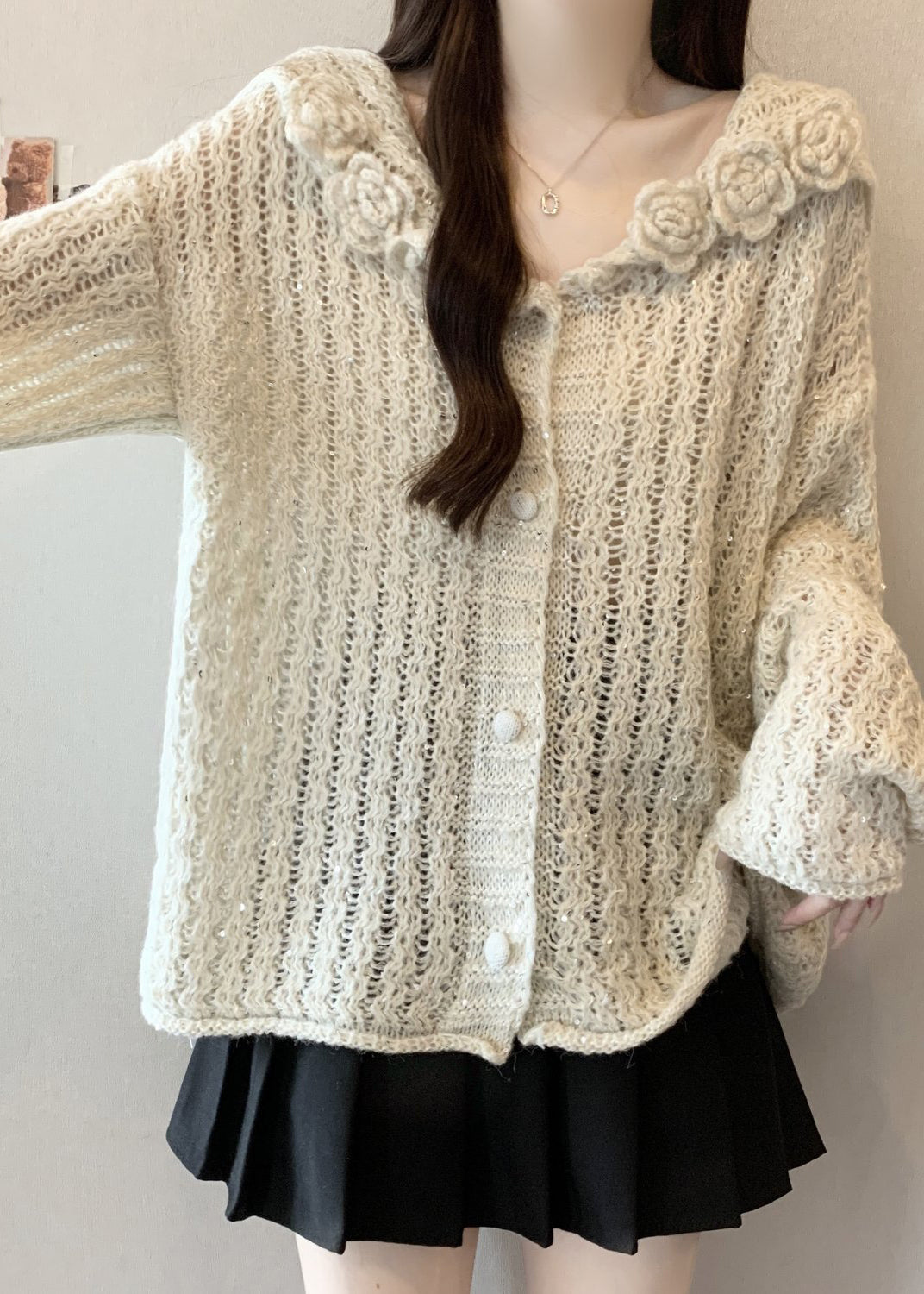 White Three-dimensional Floral Knit Cardigan Oversized Fall