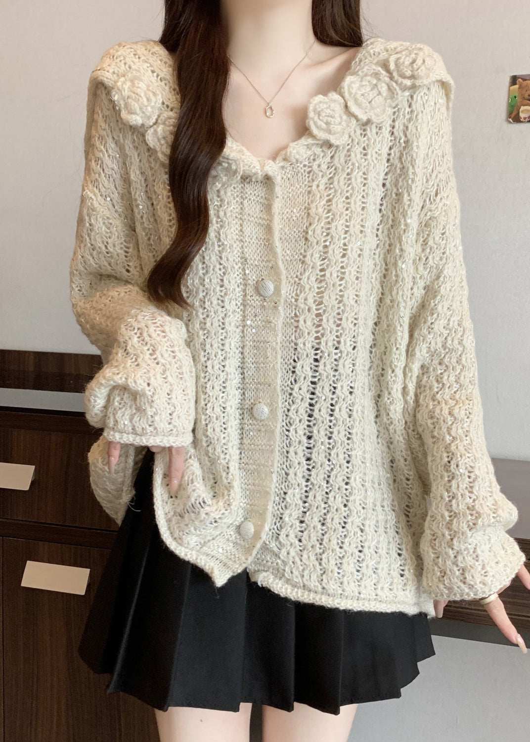 White Three-dimensional Floral Knit Cardigan Oversized Fall