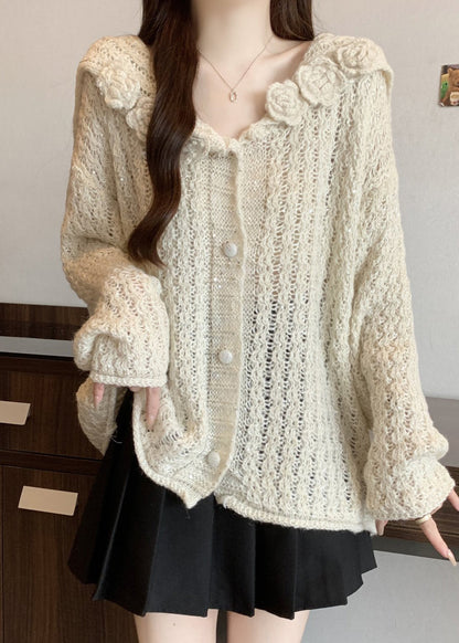 White Three-dimensional Floral Knit Cardigan Oversized Fall