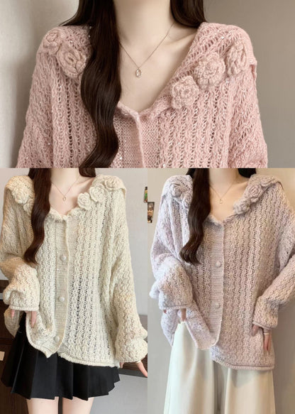 White Three-dimensional Floral Knit Cardigan Oversized Fall