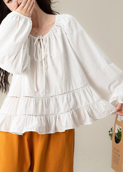 White Tie Lace Solid Tops Long Sleeve