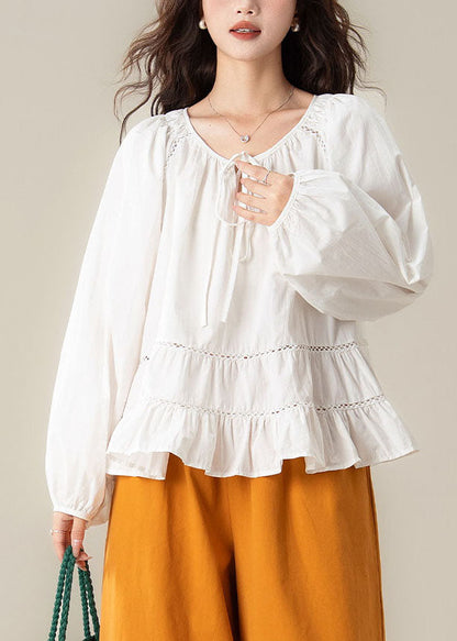 White Tie Lace Solid Tops Long Sleeve