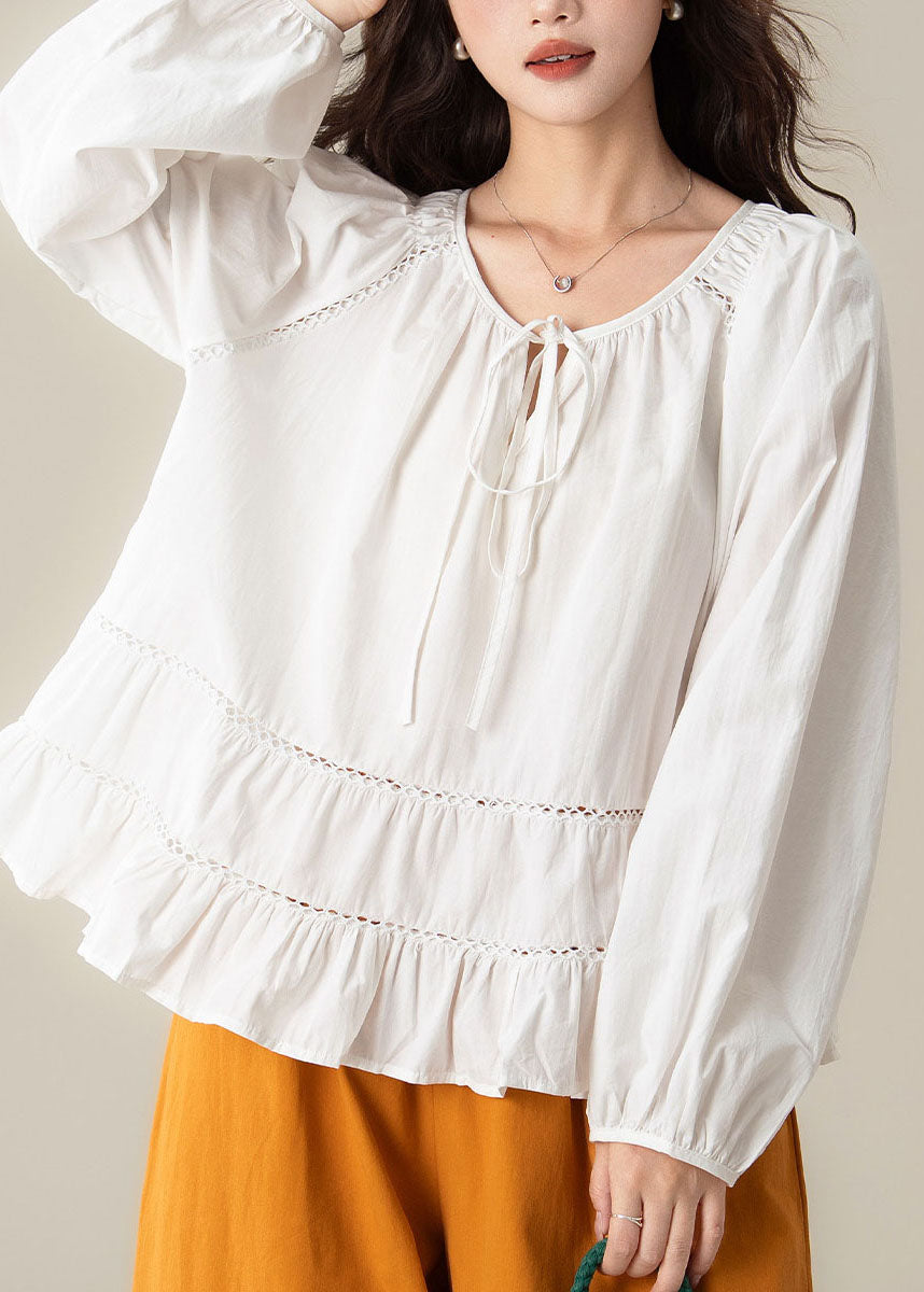 White Tie Lace Solid Tops Long Sleeve