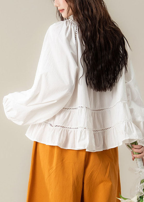 White Tie Lace Solid Tops Long Sleeve