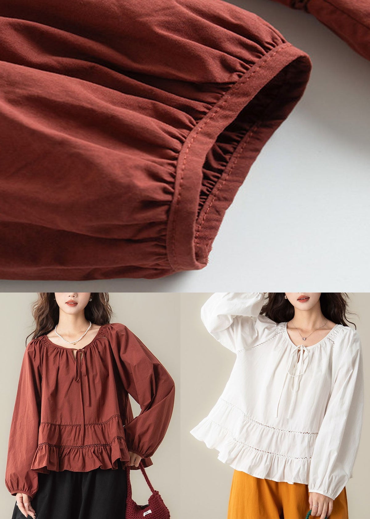 White Tie Lace Solid Tops Long Sleeve