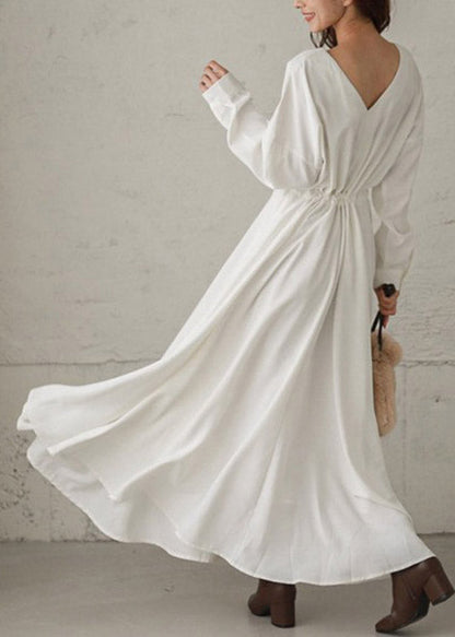 White Tie Waist Cotton Long Dresses Long Sleeve