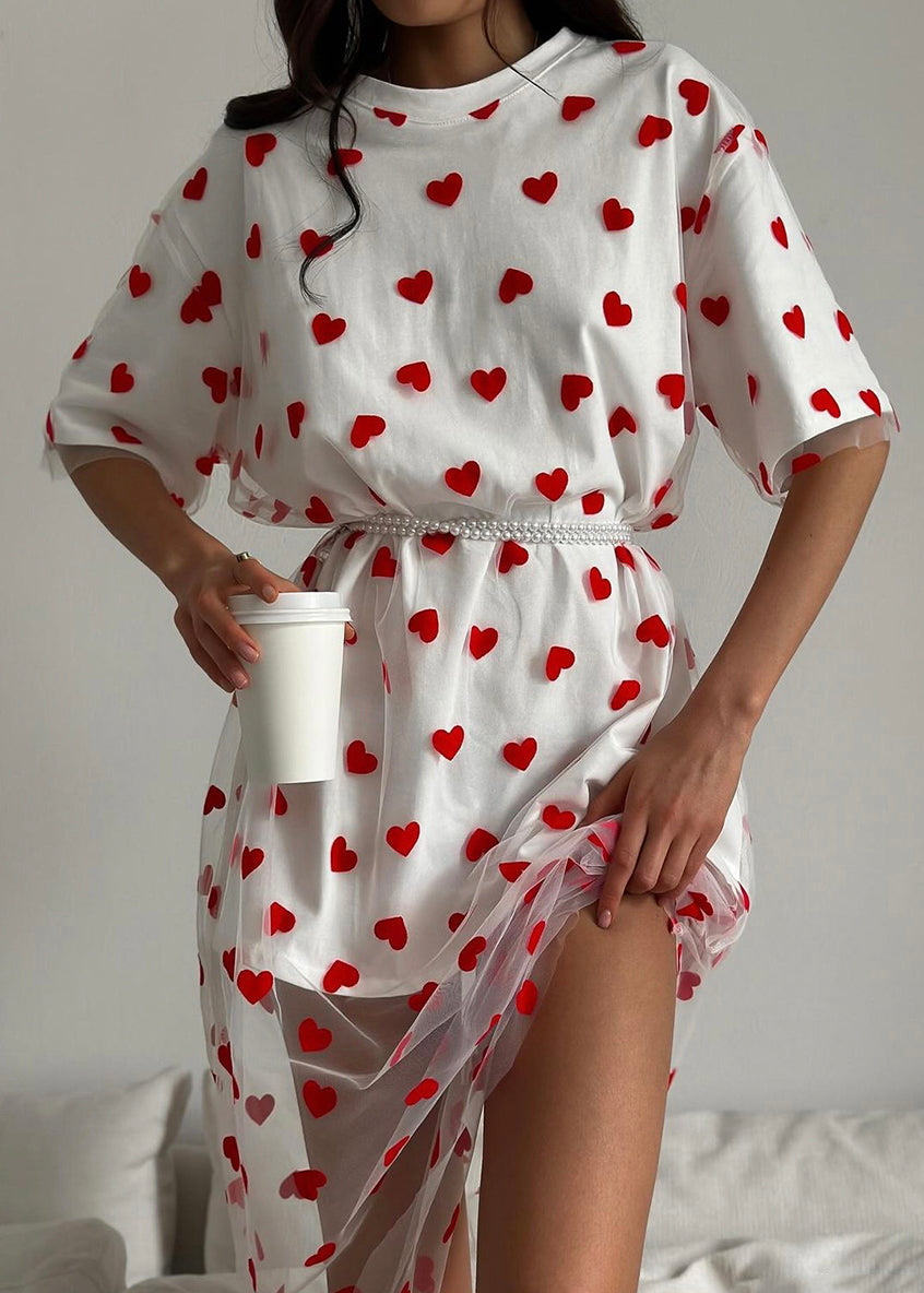 White Tulle Patchwork Summer T Shirts Dress O Neck