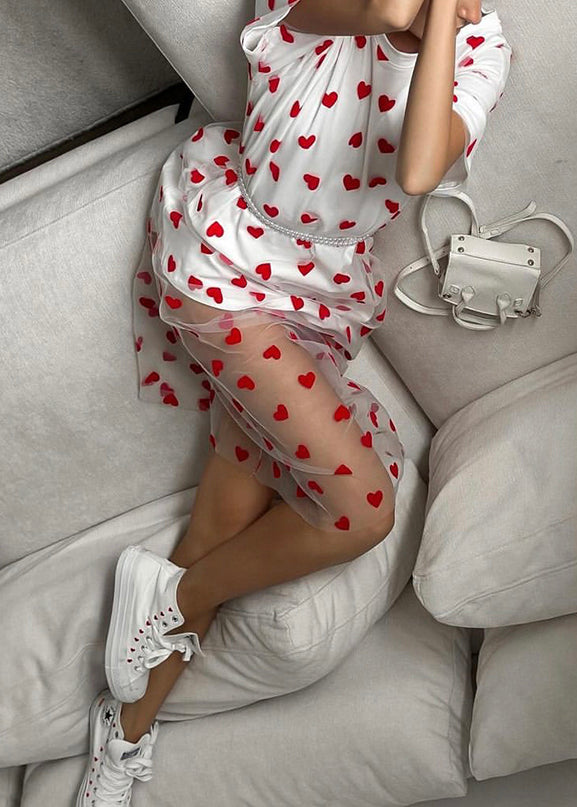 White Tulle Patchwork Summer T Shirts Dress O Neck