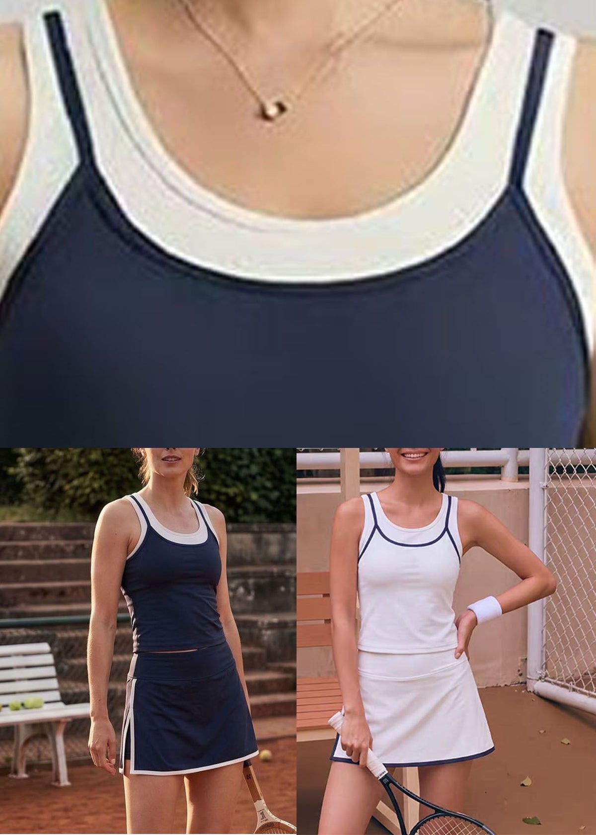 White U Neck Patchwork Tennis Sportswear Two-Piece Set Sleeveless