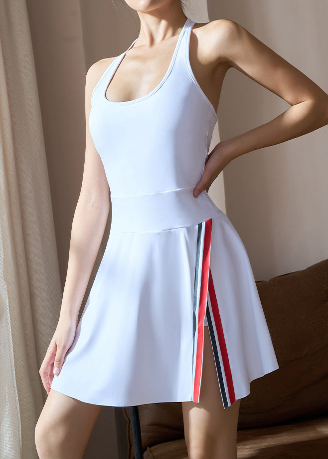 White U Neck Side Open Yoga Mid Dress