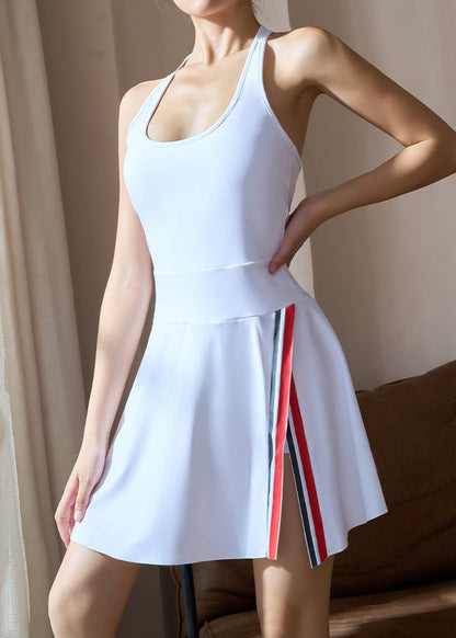 White U Neck Side Open Yoga Mid Dress