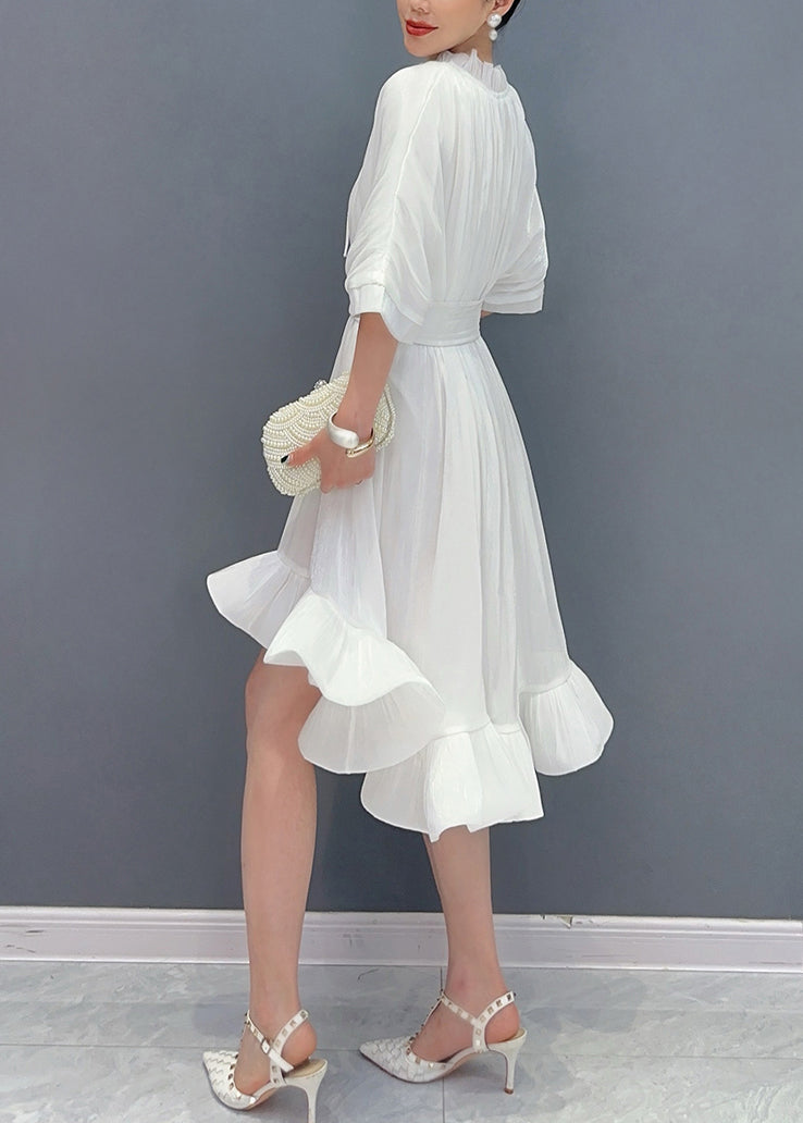 White V Neck Tie Solid Lace Asymmetrical Short Dress