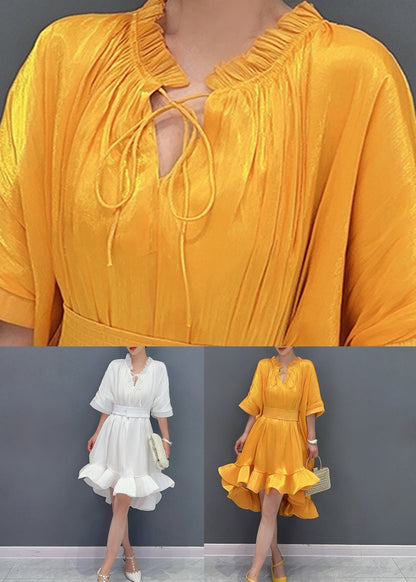 White V Neck Tie Solid Lace Asymmetrical Short Dress