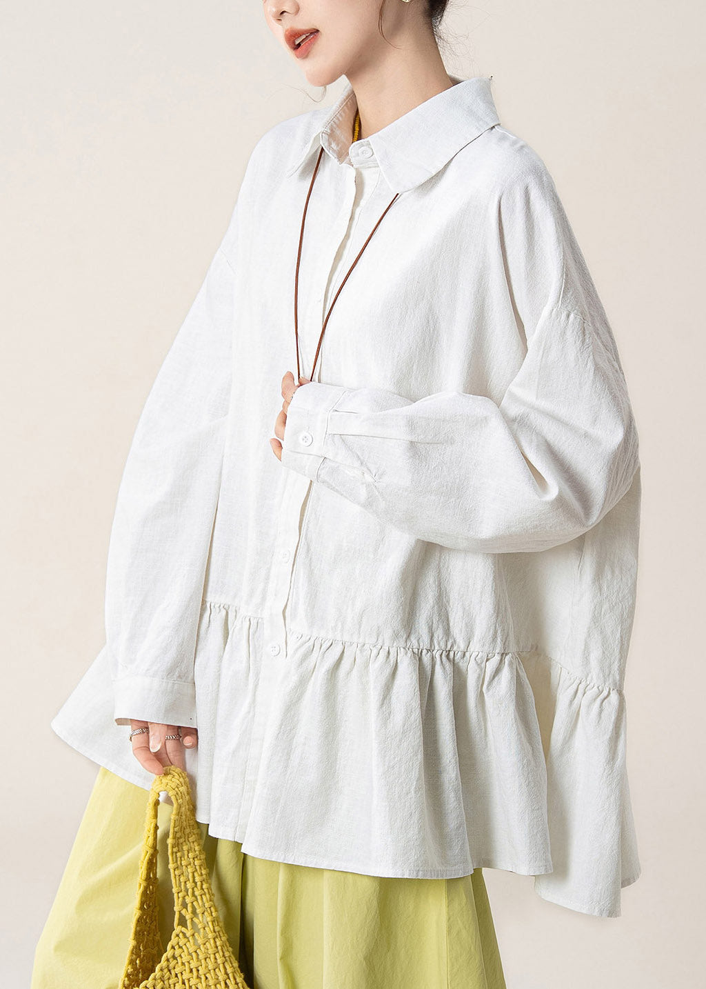 White Wrinkled Patchwork Button Tops Fall