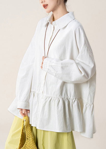 White Wrinkled Patchwork Button Tops Fall