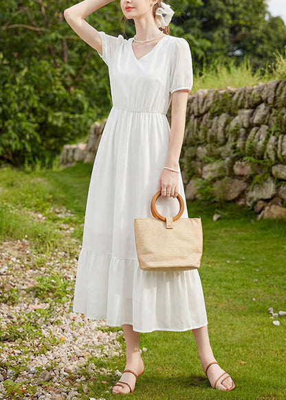 White Wrinkled Patchwork Chiffon Ankle Dress V Neck Summer