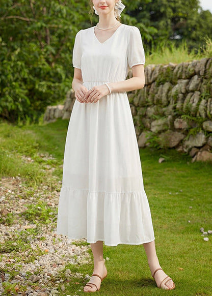 White Wrinkled Patchwork Chiffon Ankle Dress V Neck Summer