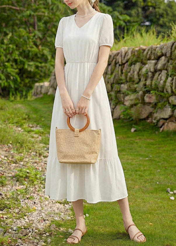 White Wrinkled Patchwork Chiffon Ankle Dress V Neck Summer