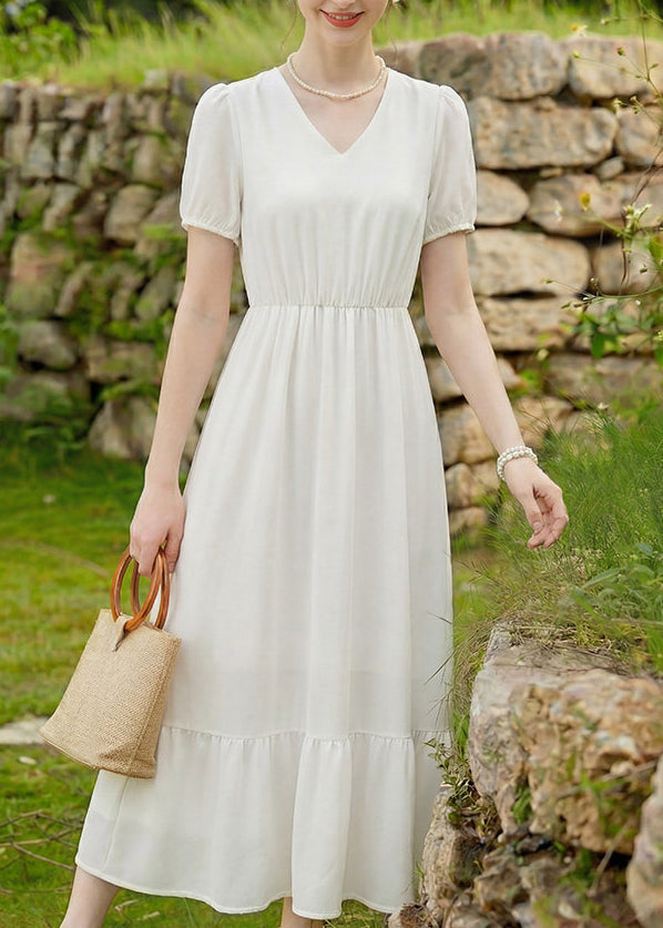 White Wrinkled Patchwork Chiffon Ankle Dress V Neck Summer