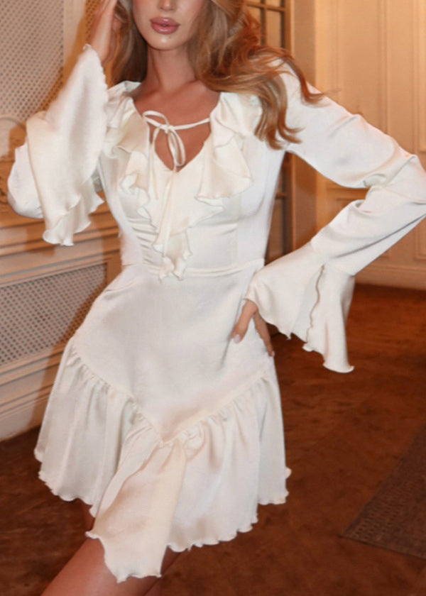 White Wrinkled Patchwork Party Mid Dress Spring