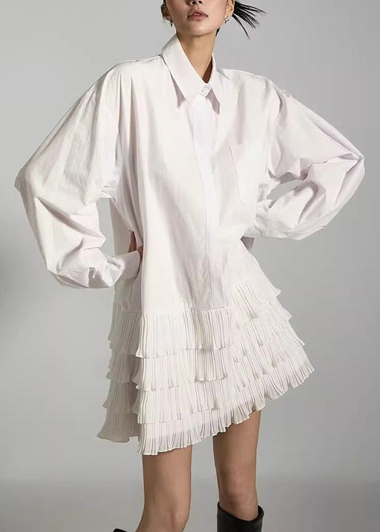 White Wrinkled Pockets Patchwork Cotton Dress Peter Pan Collar