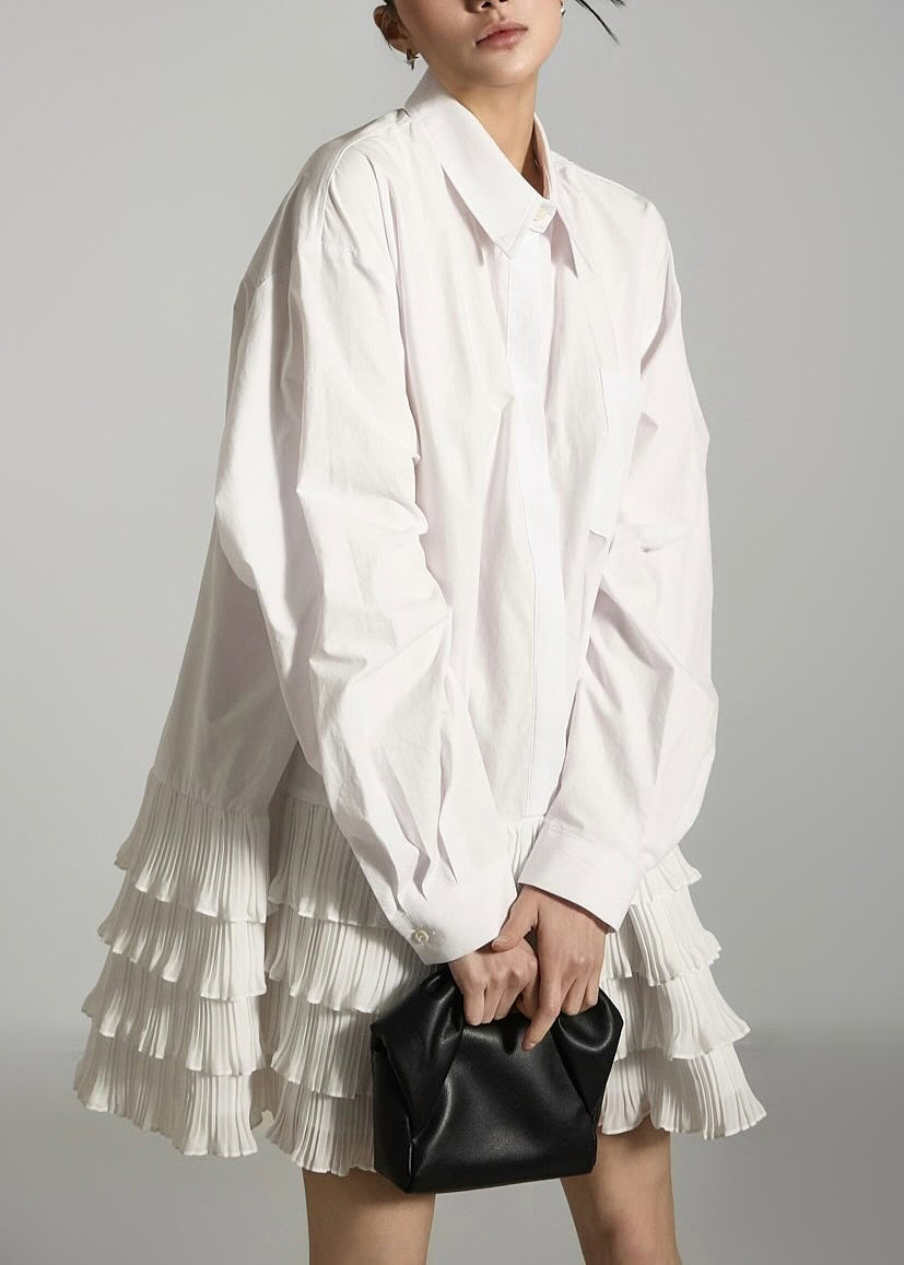 White Wrinkled Pockets Patchwork Cotton Dress Peter Pan Collar