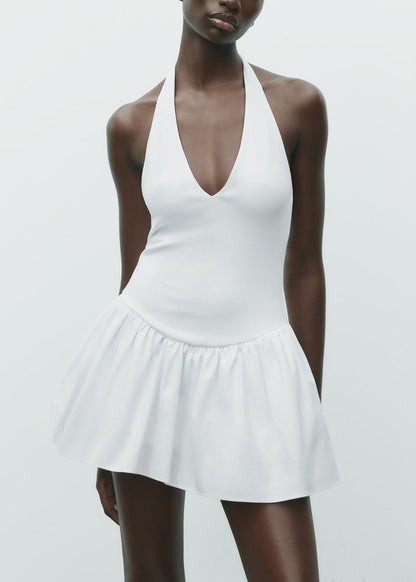 White Wrinkled Solid Cotton Mini Dress Backless Summer
