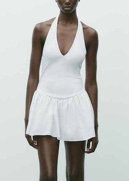White Wrinkled Solid Cotton Mini Dress Backless Summer