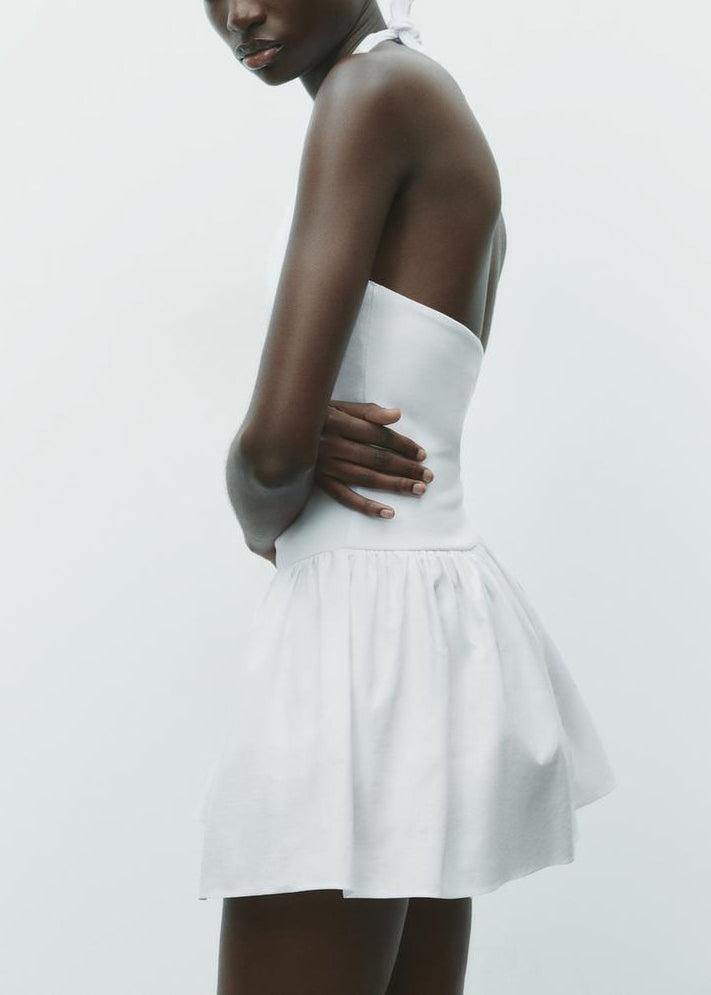 White Wrinkled Solid Cotton Mini Dress Backless Summer