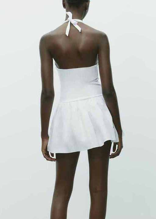 White Wrinkled Solid Cotton Mini Dress Backless Summer