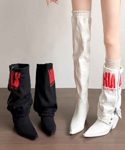 White Zippered Faux Leather Splicing Stylish Wrinkled Boots
