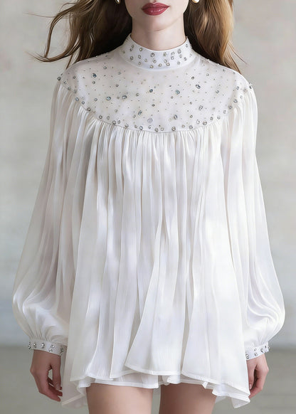 White Zircon Wrinkled Shirt Stand Collar Spring